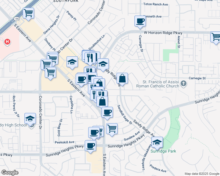 map of restaurants, bars, coffee shops, grocery stores, and more near 2587 Mizzoni Circle in Henderson