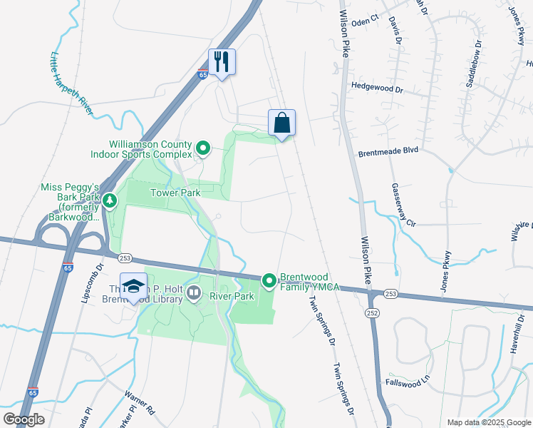 map of restaurants, bars, coffee shops, grocery stores, and more near 6922 Nolensville Pike in Brentwood