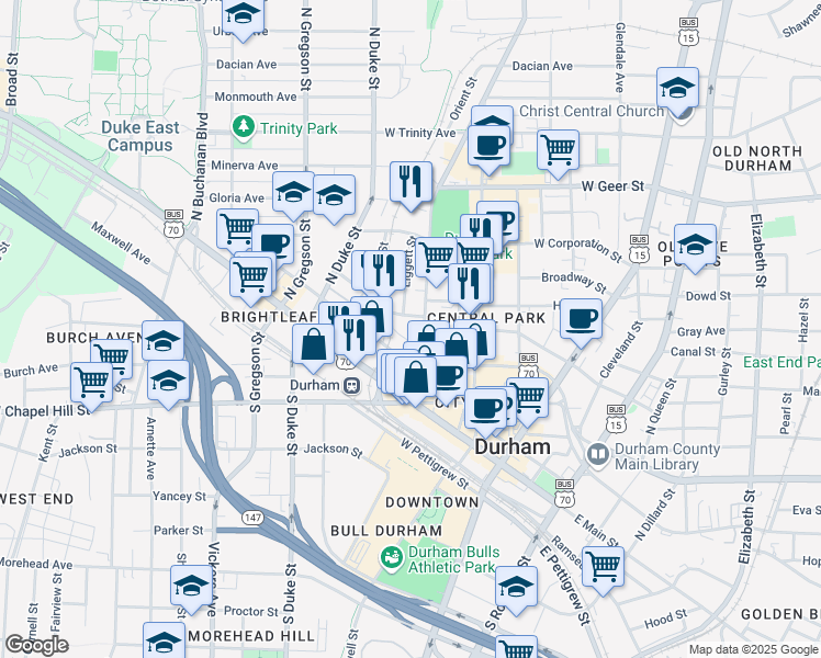 map of restaurants, bars, coffee shops, grocery stores, and more near 508 Fernway Avenue in Durham