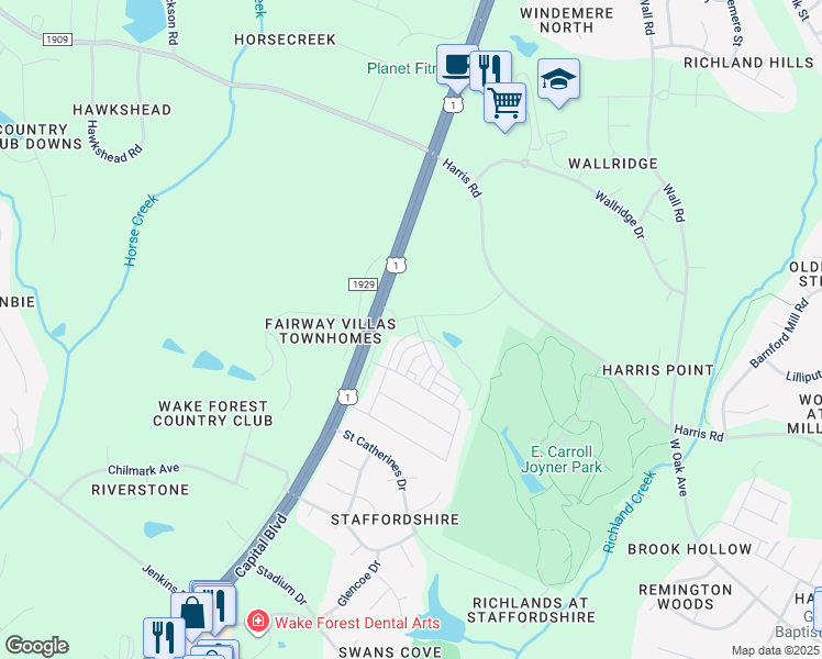 map of restaurants, bars, coffee shops, grocery stores, and more near 13239 Capital Boulevard in Wake Forest
