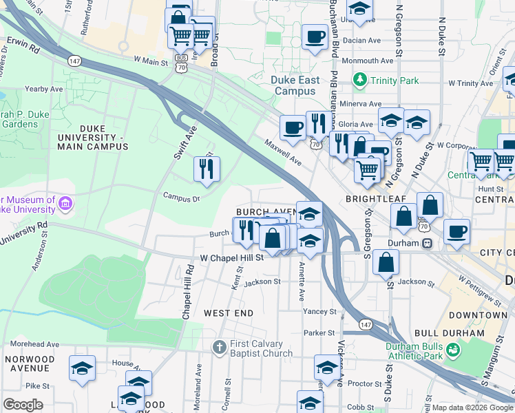 map of restaurants, bars, coffee shops, grocery stores, and more near 835 Wilkerson Avenue in Durham