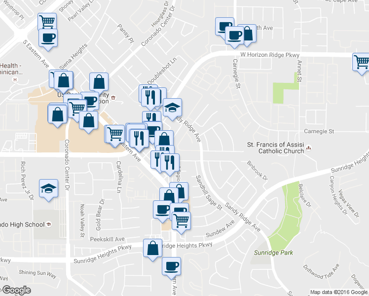 map of restaurants, bars, coffee shops, grocery stores, and more near 2587 Mizzoni Circle in Henderson