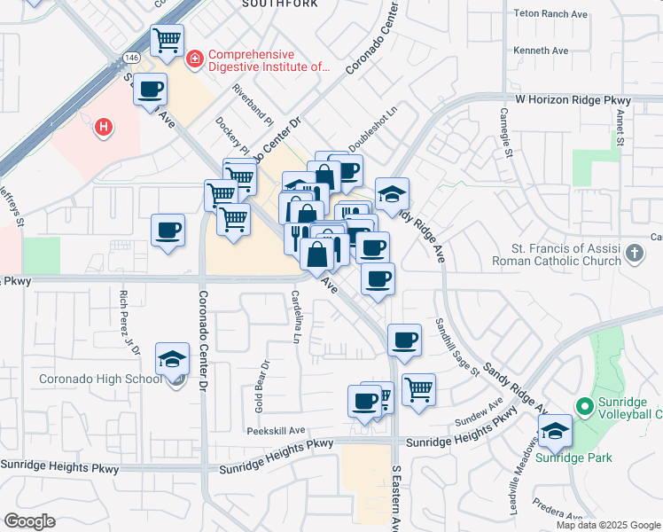 map of restaurants, bars, coffee shops, grocery stores, and more near 10604 South Eastern Avenue in Henderson