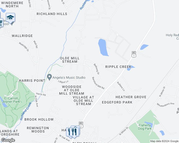 map of restaurants, bars, coffee shops, grocery stores, and more near 1200 Barnford Mill Road in Wake Forest