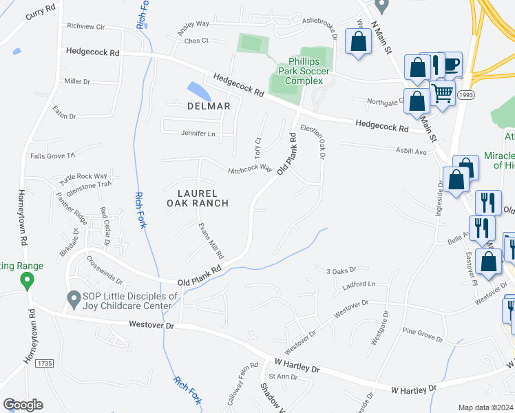 map of restaurants, bars, coffee shops, grocery stores, and more near 6000 Old Plank Road in High Point