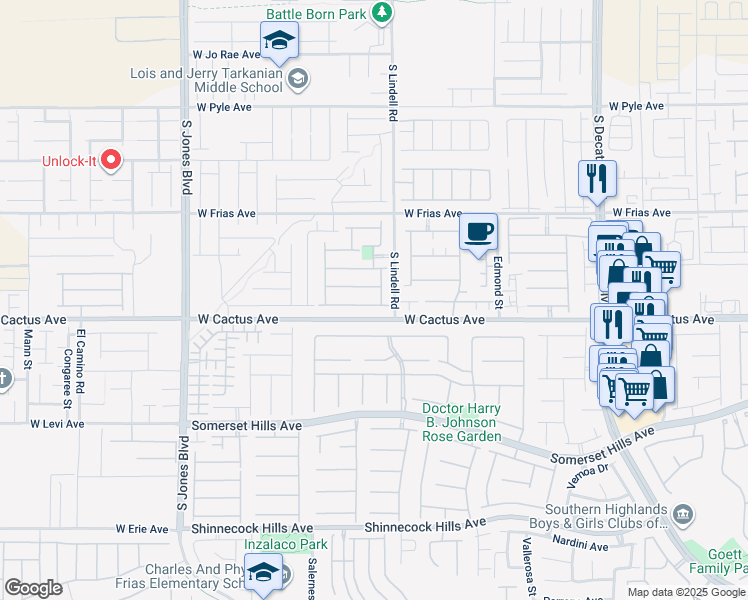 map of restaurants, bars, coffee shops, grocery stores, and more near 5548 Jelsma Avenue in Las Vegas