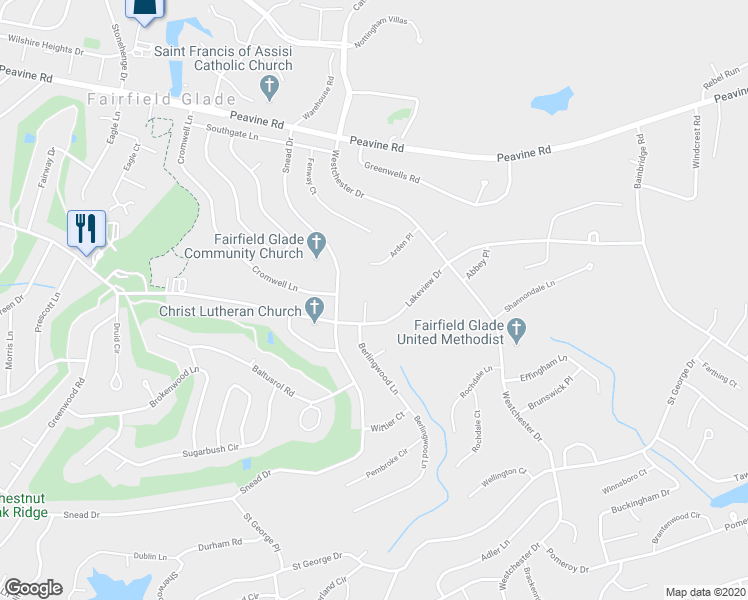 map of restaurants, bars, coffee shops, grocery stores, and more near 16 Hampton Court in Crossville