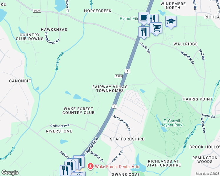 map of restaurants, bars, coffee shops, grocery stores, and more near 1108 Fairway Villas Drive in Wake Forest