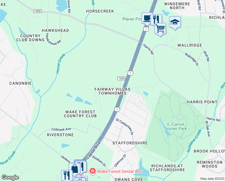 map of restaurants, bars, coffee shops, grocery stores, and more near 1108 Fairway Villas Drive in Wake Forest