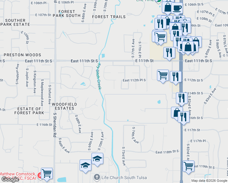 map of restaurants, bars, coffee shops, grocery stores, and more near 11260 South 72nd East Place in Bixby