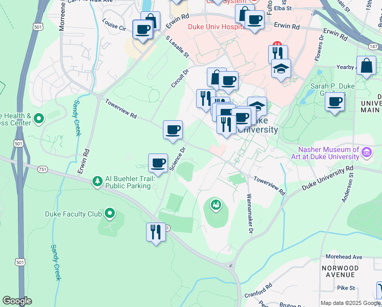 map of restaurants, bars, coffee shops, grocery stores, and more near 201 Science Drive in Durham