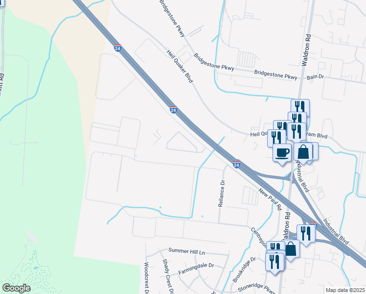 map of restaurants, bars, coffee shops, grocery stores, and more near 1604 Madison Drive in La Vergne