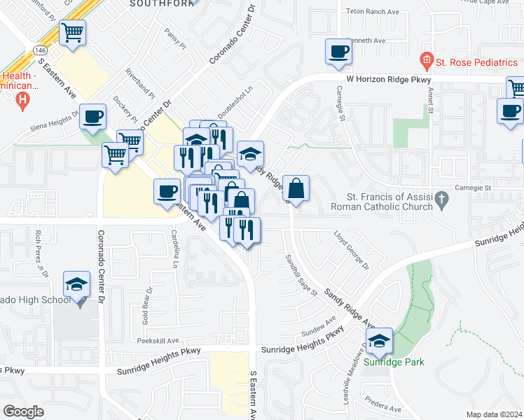 map of restaurants, bars, coffee shops, grocery stores, and more near 2583 Mizzoni Circle in Henderson