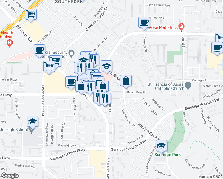 map of restaurants, bars, coffee shops, grocery stores, and more near 2583 Mizzoni Circle in Henderson