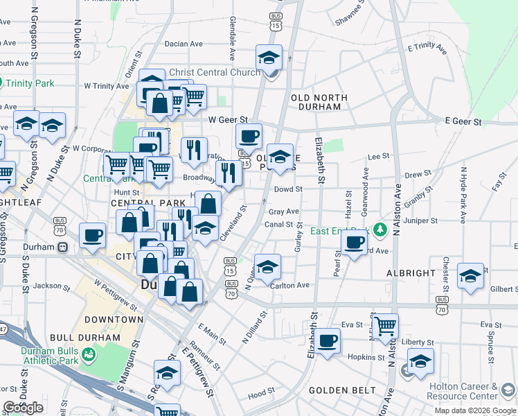 map of restaurants, bars, coffee shops, grocery stores, and more near 905 North Roxboro Street in Durham