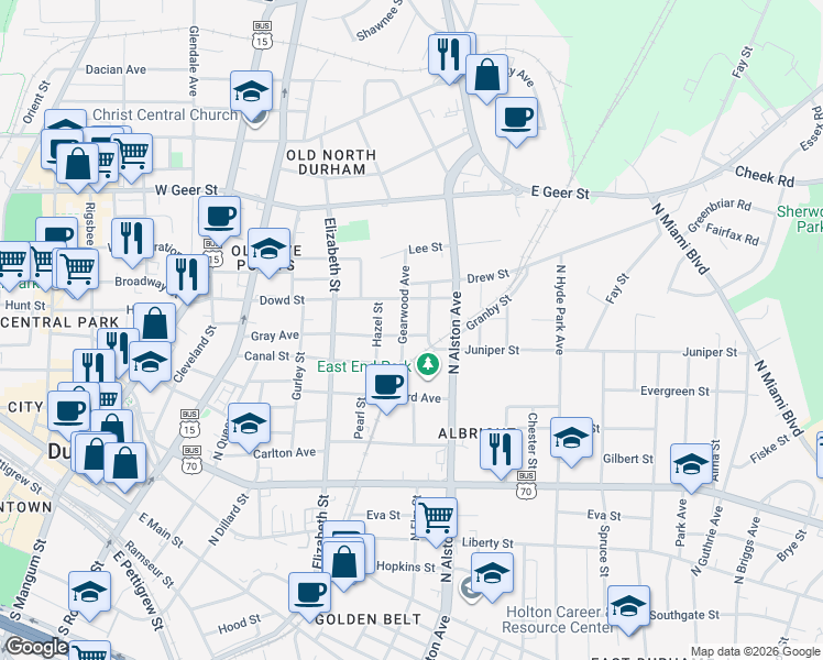 map of restaurants, bars, coffee shops, grocery stores, and more near 703 Gray Avenue in Durham