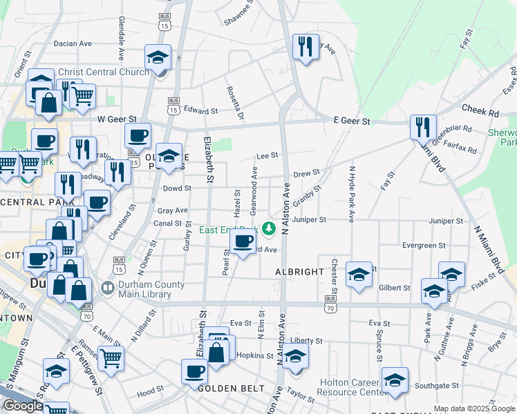 map of restaurants, bars, coffee shops, grocery stores, and more near 703 Gray Avenue in Durham