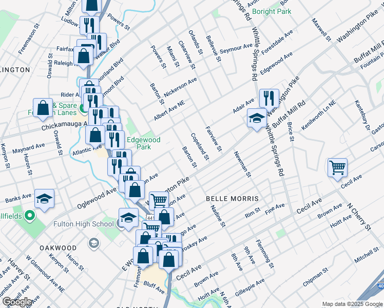 map of restaurants, bars, coffee shops, grocery stores, and more near 2704 Copeland Street in Knoxville
