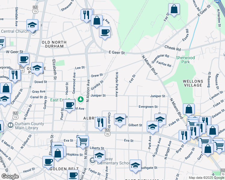 map of restaurants, bars, coffee shops, grocery stores, and more near 1403 North Hyde Park Avenue in Durham