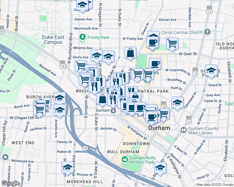map of restaurants, bars, coffee shops, grocery stores, and more near in Durham