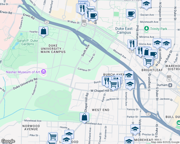 map of restaurants, bars, coffee shops, grocery stores, and more near 1501 Campus Drive in Durham