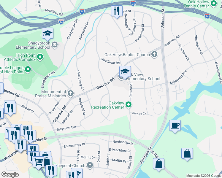 map of restaurants, bars, coffee shops, grocery stores, and more near 604 Oakview Road in High Point