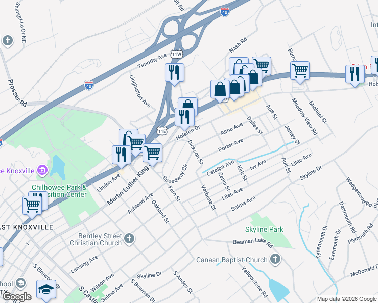 map of restaurants, bars, coffee shops, grocery stores, and more near 3905 Alma Avenue in Knoxville