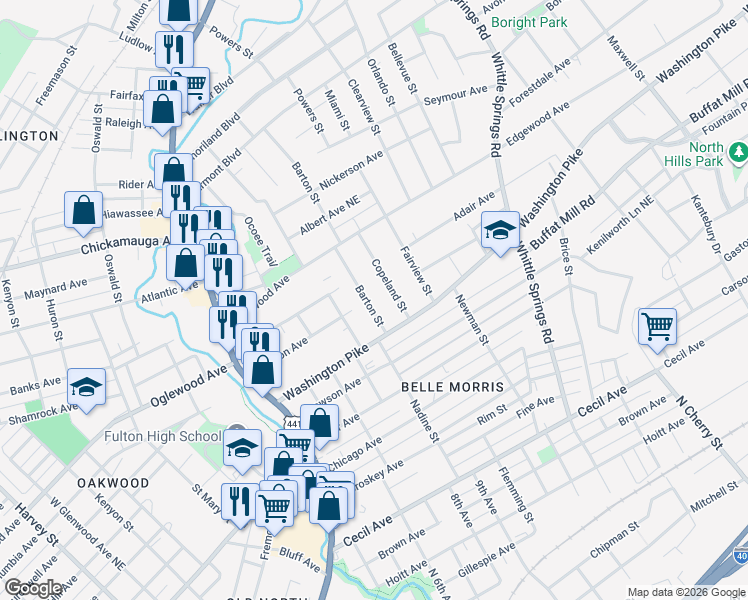 map of restaurants, bars, coffee shops, grocery stores, and more near 2704 Copeland Street in Knoxville