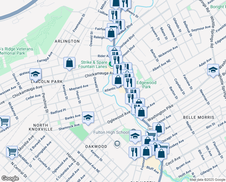 map of restaurants, bars, coffee shops, grocery stores, and more near 1301 Atlantic Avenue in Knoxville