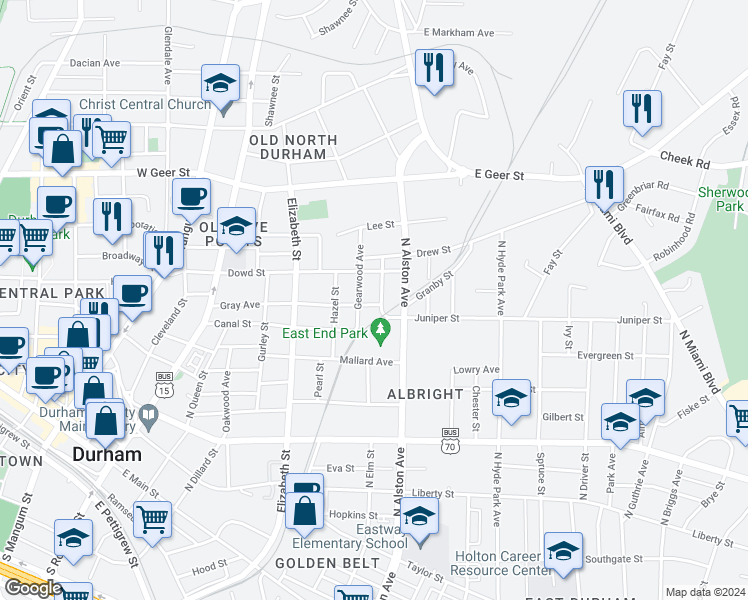 map of restaurants, bars, coffee shops, grocery stores, and more near 707 Gray Avenue in Durham