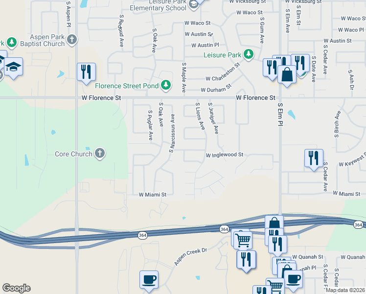 map of restaurants, bars, coffee shops, grocery stores, and more near 5005 South Narcissus Avenue in Broken Arrow