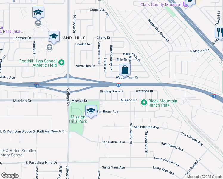 map of restaurants, bars, coffee shops, grocery stores, and more near 908 Wagon Train Drive in Henderson