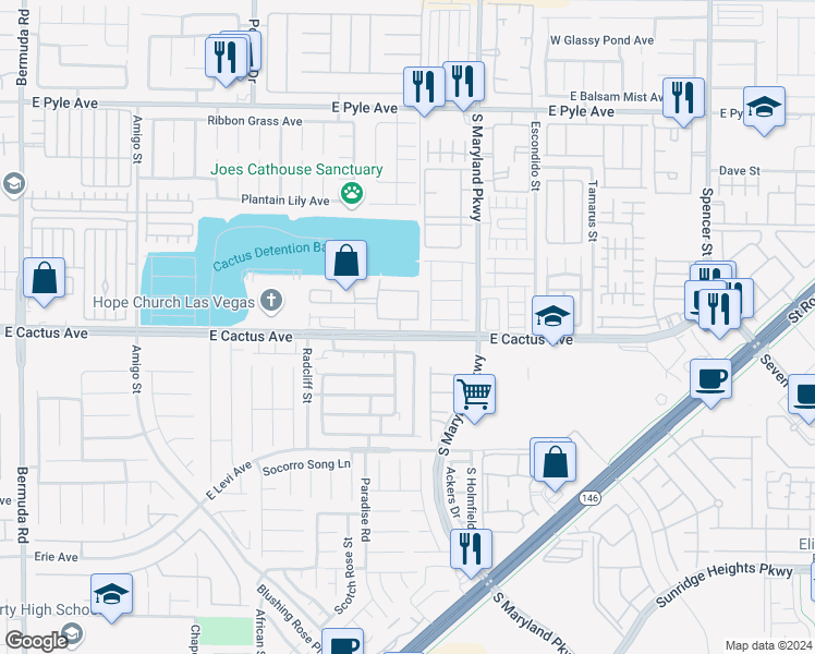 map of restaurants, bars, coffee shops, grocery stores, and more near 1050 East Cactus Avenue in Las Vegas