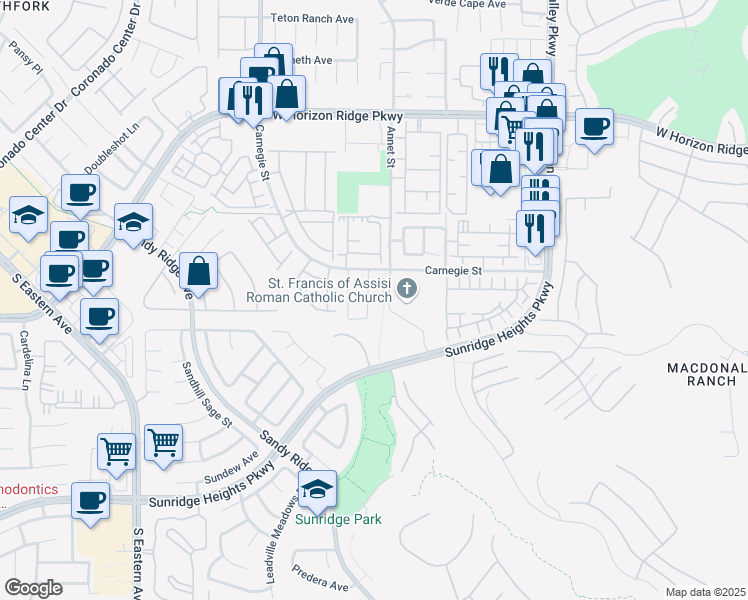 map of restaurants, bars, coffee shops, grocery stores, and more near 776 Valley Rise Drive in Henderson