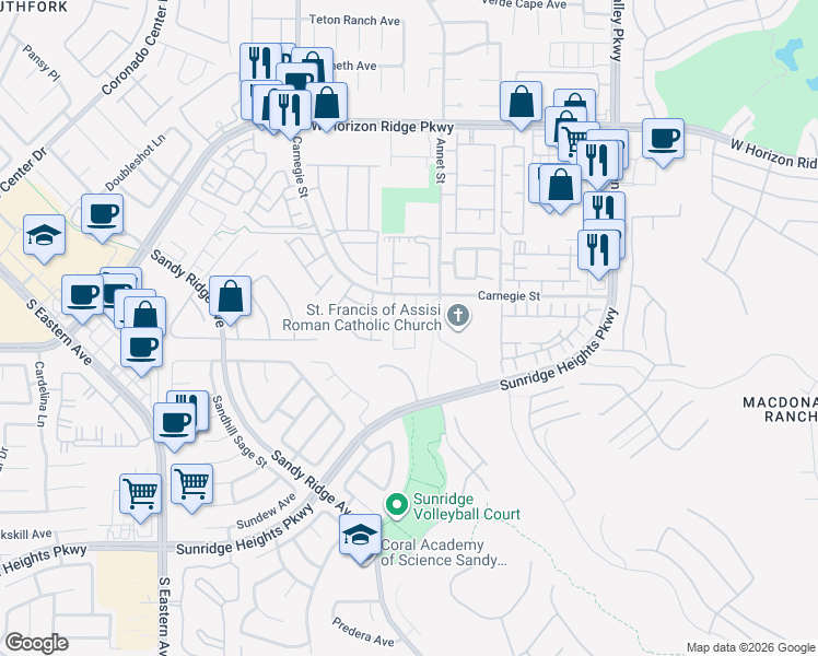 map of restaurants, bars, coffee shops, grocery stores, and more near 777 Valley Rise Drive in Henderson