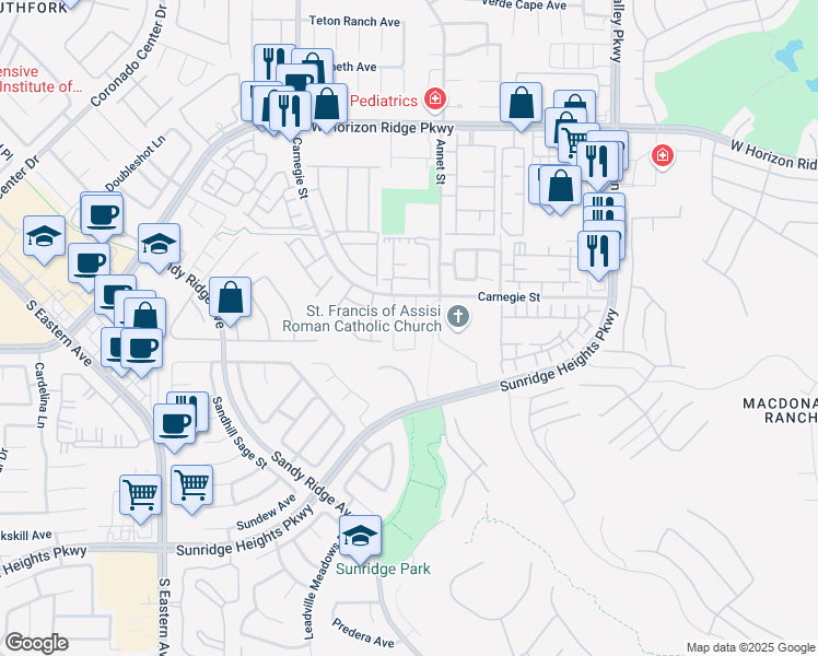 map of restaurants, bars, coffee shops, grocery stores, and more near 777 Valley Rise Drive in Henderson