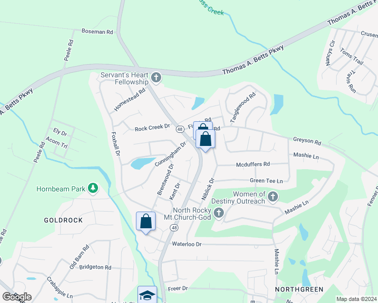 map of restaurants, bars, coffee shops, grocery stores, and more near 1300 Cunningham Drive in Rocky Mount