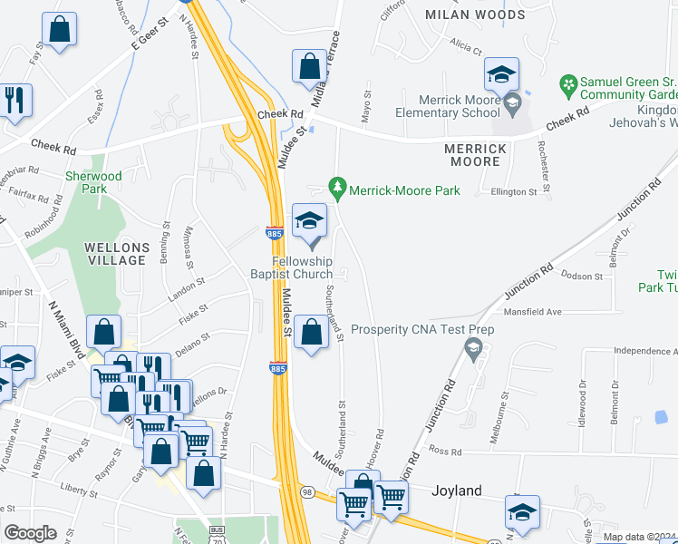 map of restaurants, bars, coffee shops, grocery stores, and more near 502 Southerland Street in Durham