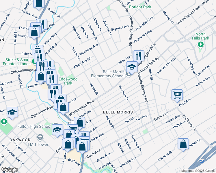 map of restaurants, bars, coffee shops, grocery stores, and more near 2021 Washington Pike in Knoxville
