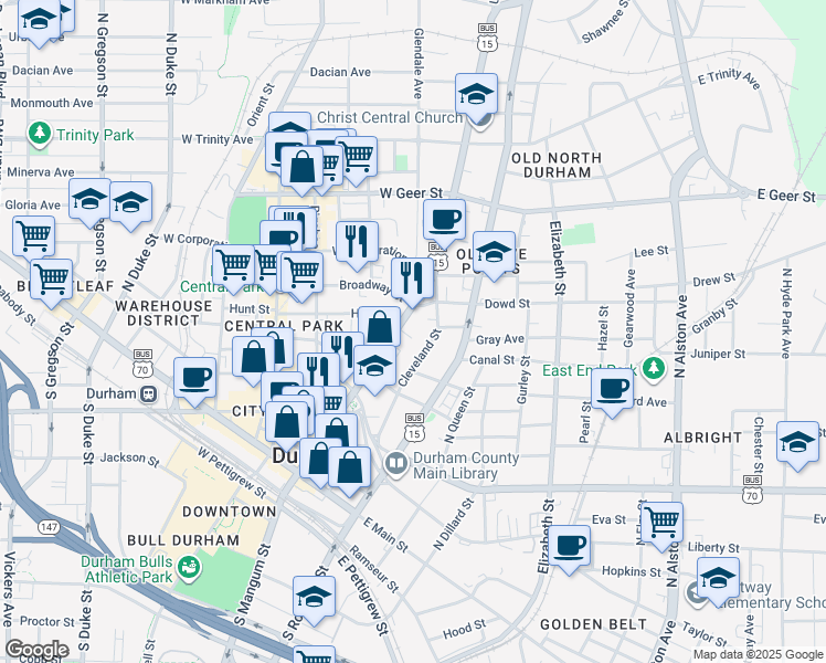 map of restaurants, bars, coffee shops, grocery stores, and more near 905 Cleveland Street in Durham