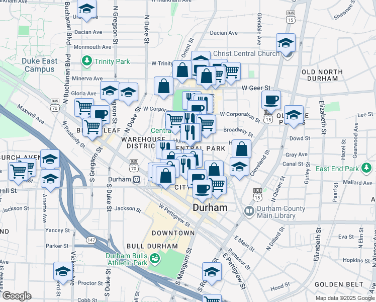 map of restaurants, bars, coffee shops, grocery stores, and more near in Durham