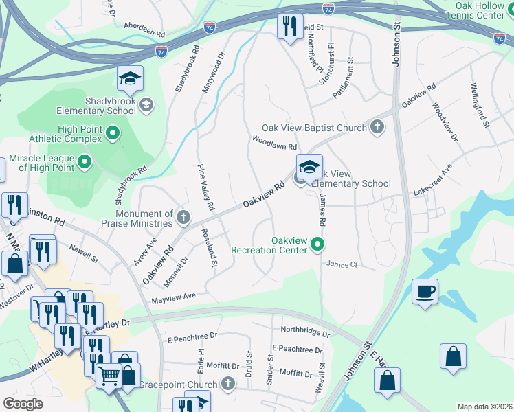map of restaurants, bars, coffee shops, grocery stores, and more near 515 Oakview Road in High Point