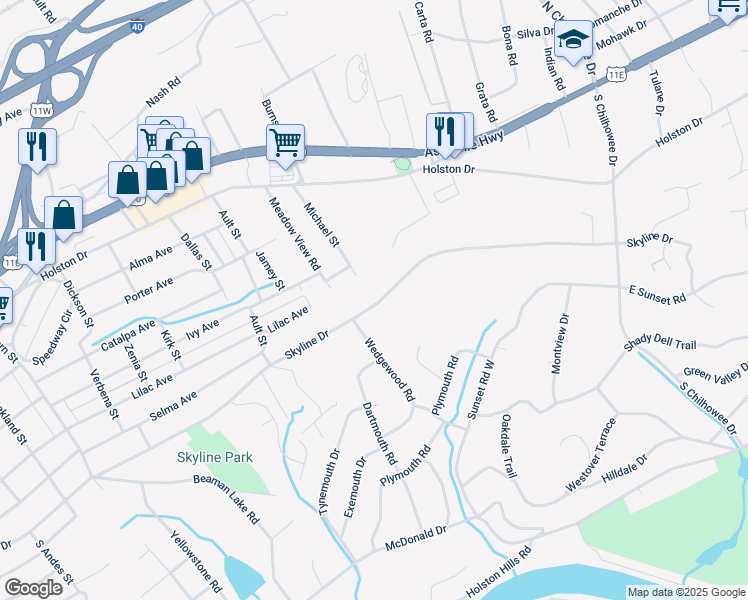 map of restaurants, bars, coffee shops, grocery stores, and more near 4327 Skyline Drive in Knoxville