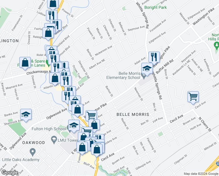 map of restaurants, bars, coffee shops, grocery stores, and more near 2638 Barton Street in Knoxville