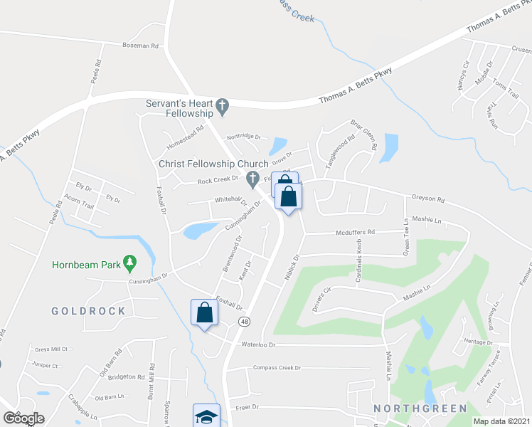 map of restaurants, bars, coffee shops, grocery stores, and more near 1300 Cunningham Drive in Rocky Mount