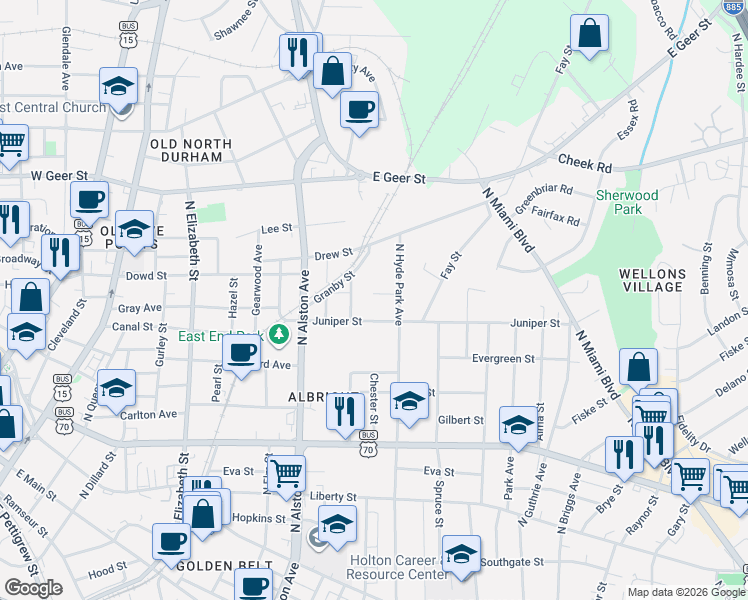 map of restaurants, bars, coffee shops, grocery stores, and more near 1402 Calvin Street in Durham