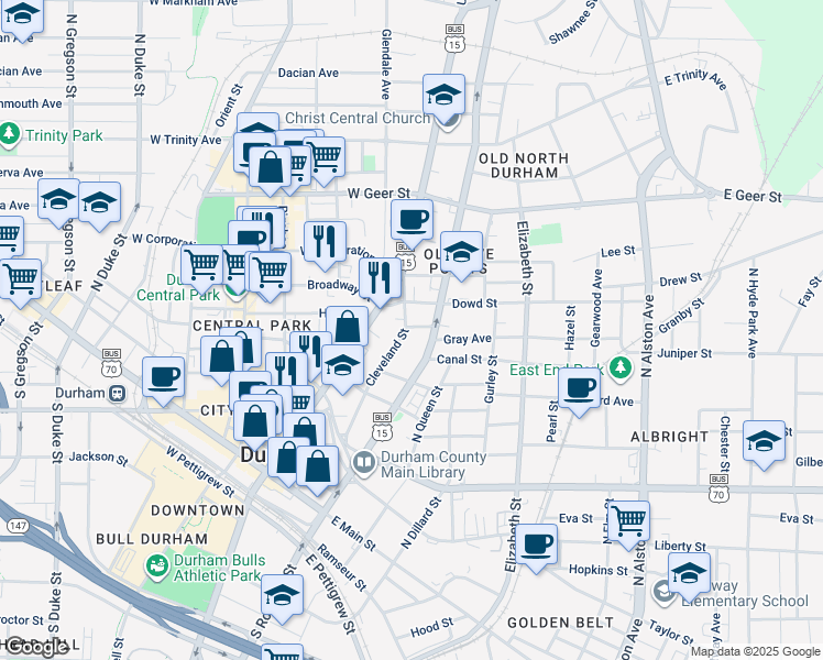 map of restaurants, bars, coffee shops, grocery stores, and more near 905 Cleveland Street in Durham
