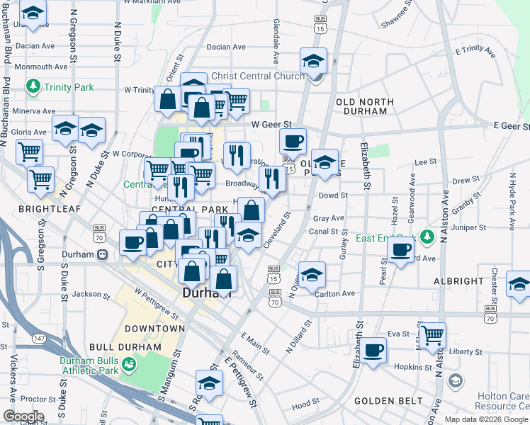 map of restaurants, bars, coffee shops, grocery stores, and more near 601 North Mangum Street in Durham