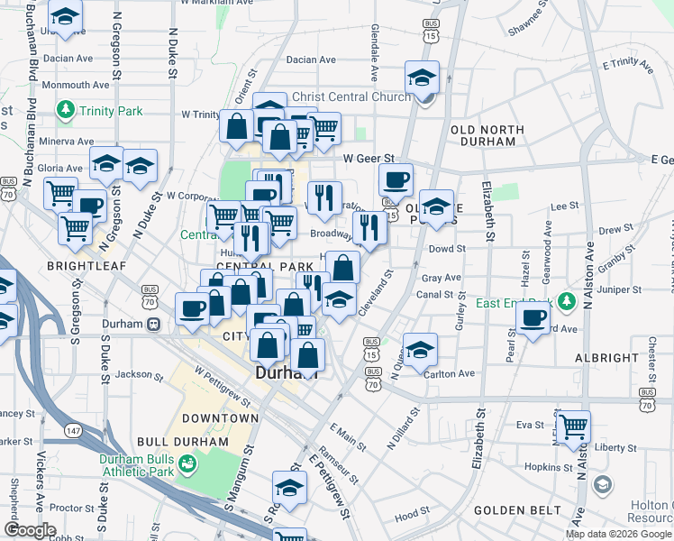 map of restaurants, bars, coffee shops, grocery stores, and more near 125 Hunt Street in Durham