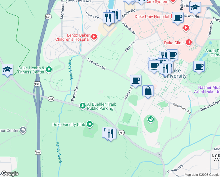 map of restaurants, bars, coffee shops, grocery stores, and more near 100 Fuqua Dr in Durham